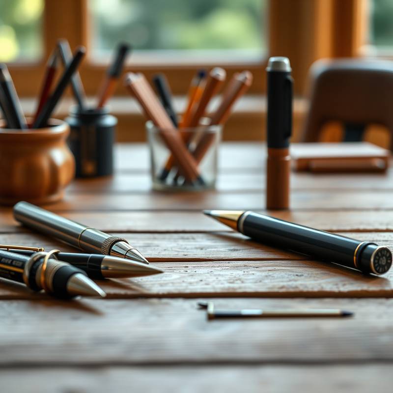 Various writing implements arranged on a table